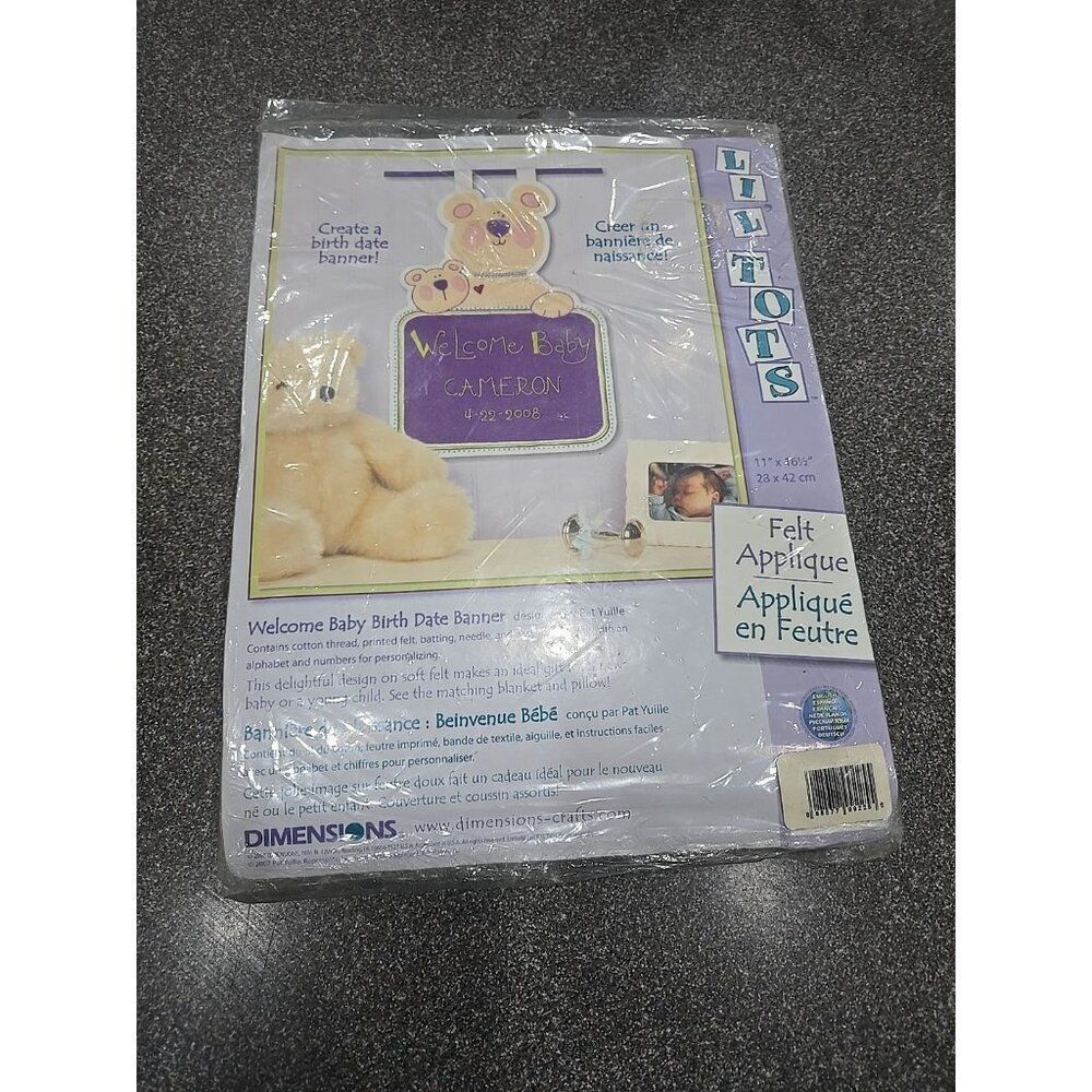 Vtg DIMENSIONS Lil Tots Welcome Baby Birth Date Banner Felt Applique NEW